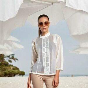 Womens White Organza Sheer Mandarin Collar Button Front Blouse L Long Sleeve NWT